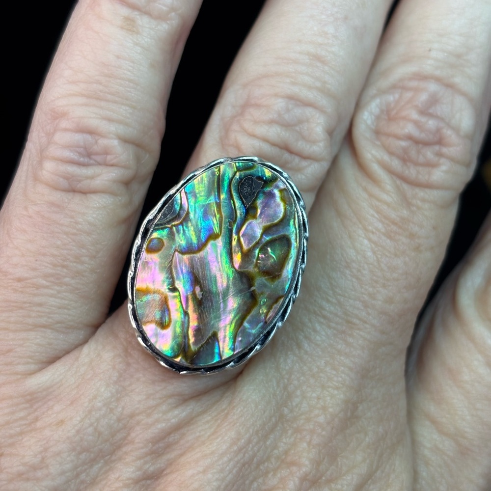 .925 Silver Overlay Iridescent Abalone Shell Ring